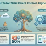 Ticket Tailor review infographic comparing traditional percentage ticketing fees with flat pricing, direct payouts via Stripe and PayPal, charity discounts, and offline check-in features.