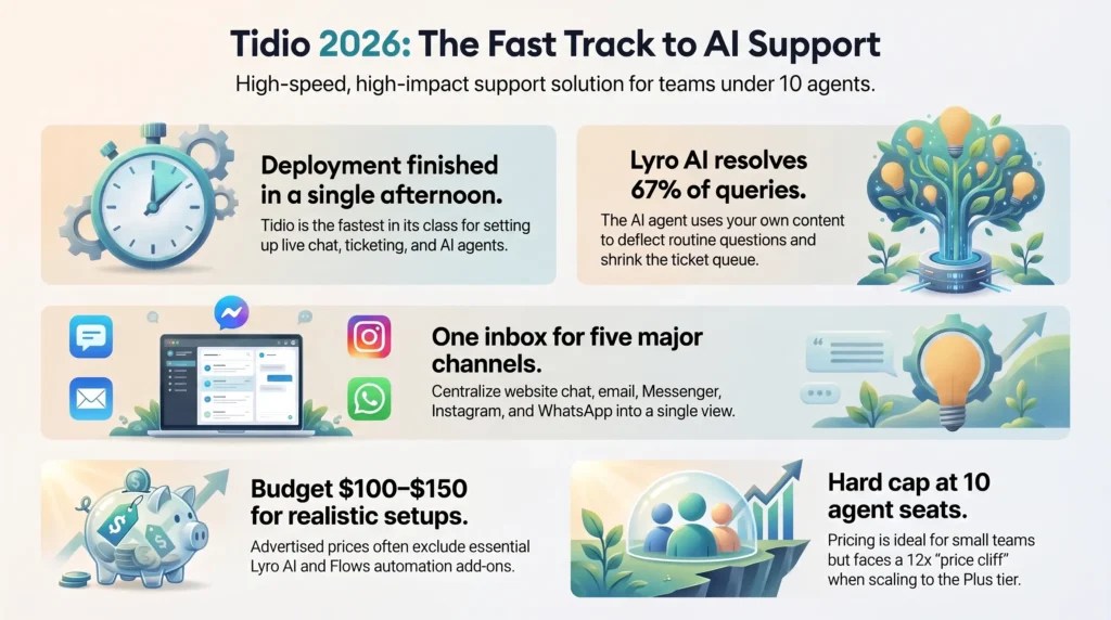 Infographic evaluating Tidio AI customer support in 2026, highlighting rapid single-afternoon deployment, Lyro AI deflection rates, multi-channel inbox integration, and pricing tiers by SmartKeys.