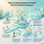 Tidio Review: Live Chat, Automation & Conversion Uplift SmartKeys infographic for Tidio review illustrating AI-powered customer support, behavior-based live chat flows, e-commerce integrations like Shopify, and scaling pricing plans for business growth.