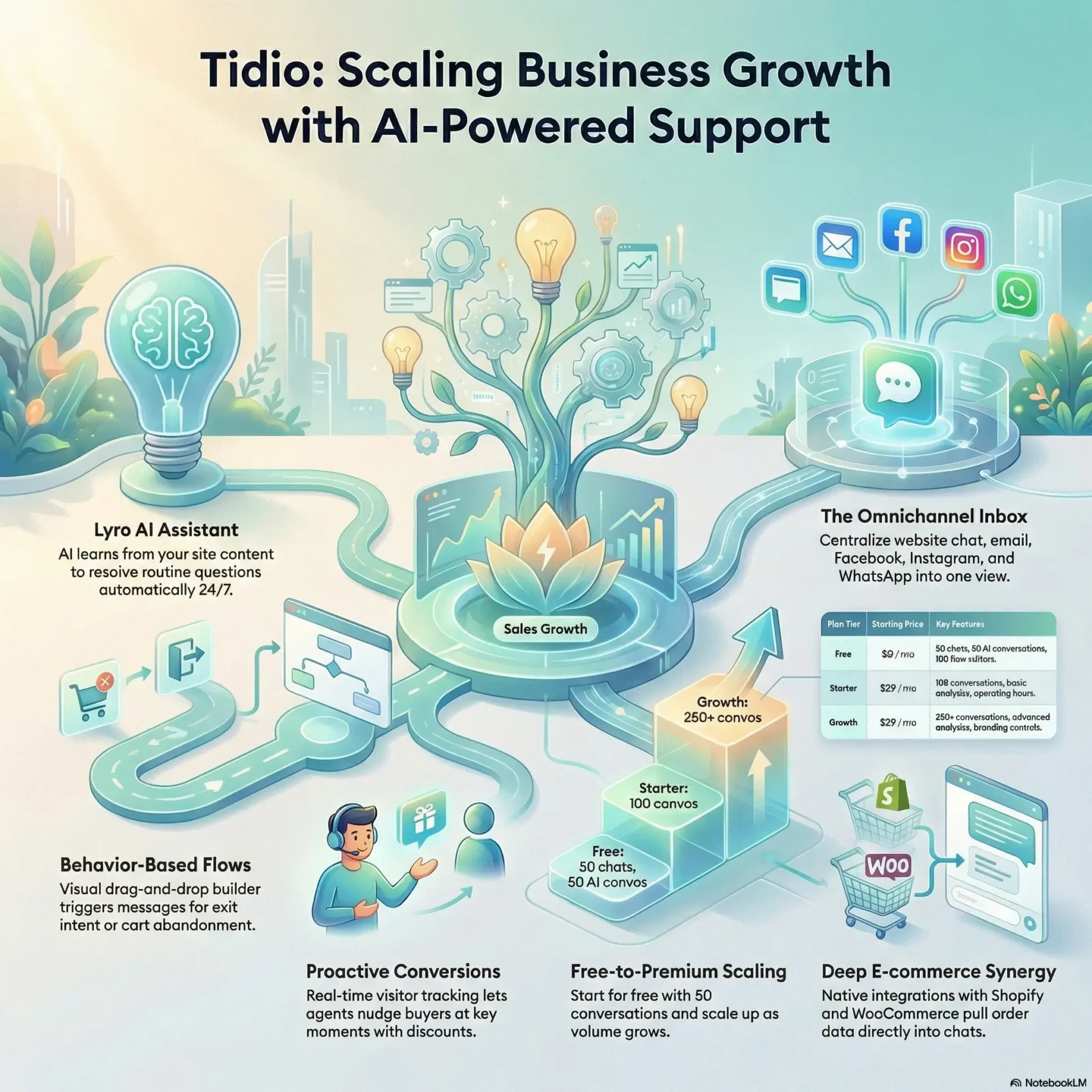 SmartKeys infographic for Tidio review illustrating AI-powered customer support, behavior-based live chat flows, e-commerce integrations like Shopify, and scaling pricing plans for business growth.