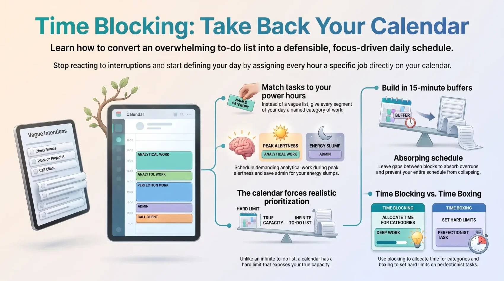 SmartKeys infographic explaining time blocking and time boxing techniques, showing how to organize daily calendar slots, match power hours, and add 15-minute buffer periods.