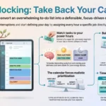SmartKeys infographic explaining time blocking and time boxing techniques, showing how to organize daily calendar slots, match power hours, and add 15-minute buffer periods.