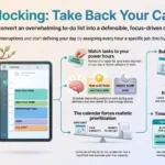The Benefits of Time Blocking and How to Get Started SmartKeys infographic explaining time blocking and time boxing techniques, showing how to organize daily calendar slots, match power hours, and add 15-minute buffer periods.