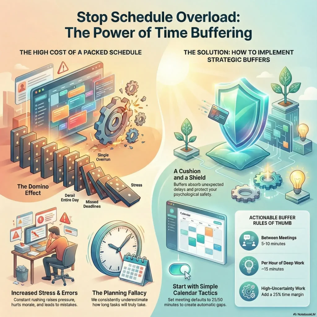 Infographic about the power of Time Buffering by SmartKeys, illustrating how to prevent schedule overload and stress by implementing strategic calendar gaps and cushion periods.