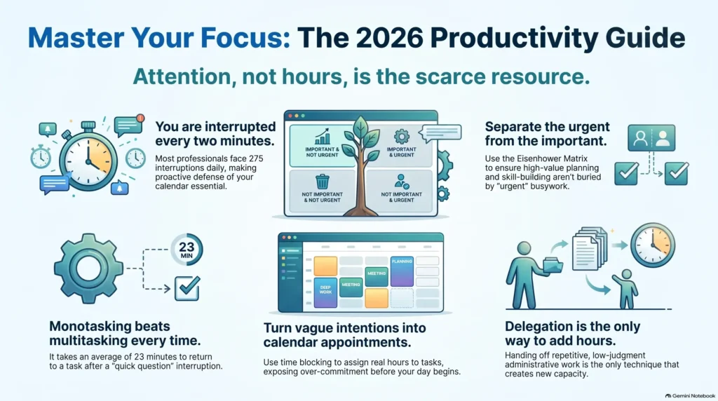 Time management and focus guide infographic by SmartKeys featuring the Eisenhower Matrix, monotasking benefits, calendar time blocking, and task delegation strategies for professionals.