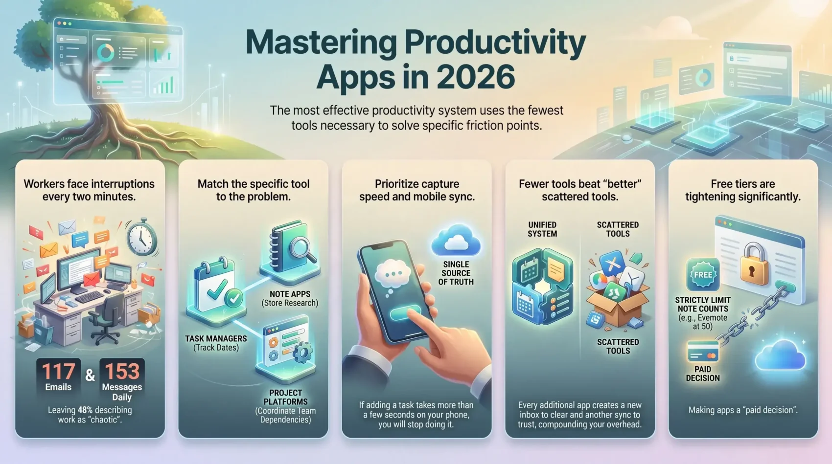 Infographic outlining best practices for productivity apps in 2026, covering daily digital interruptions, tool consolidation, mobile capture speed, and free-tier limits.