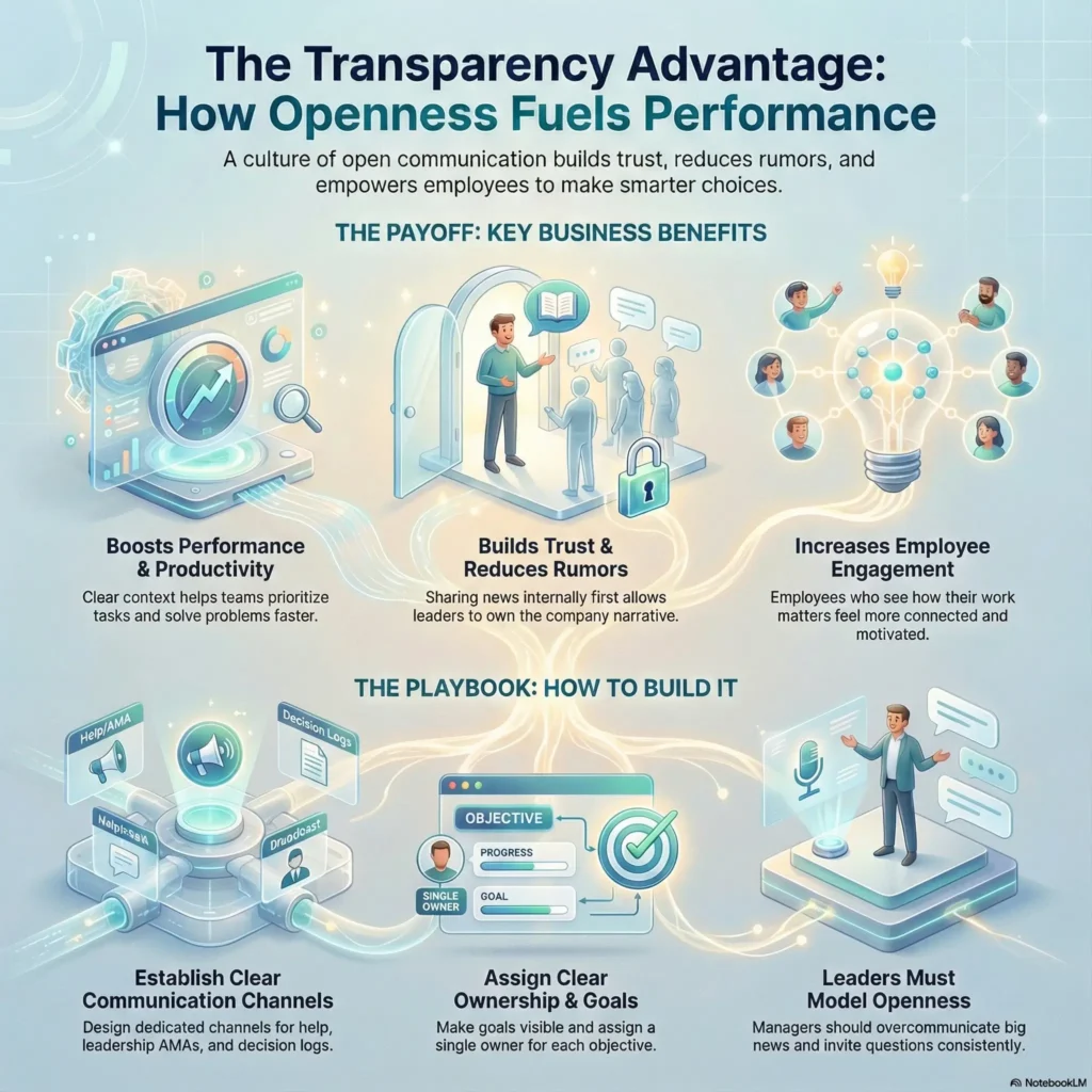 SmartKeys infographic: Transparency Culture framework showing how open communication and clear channels drive performance, build trust, and increase employee engagement.