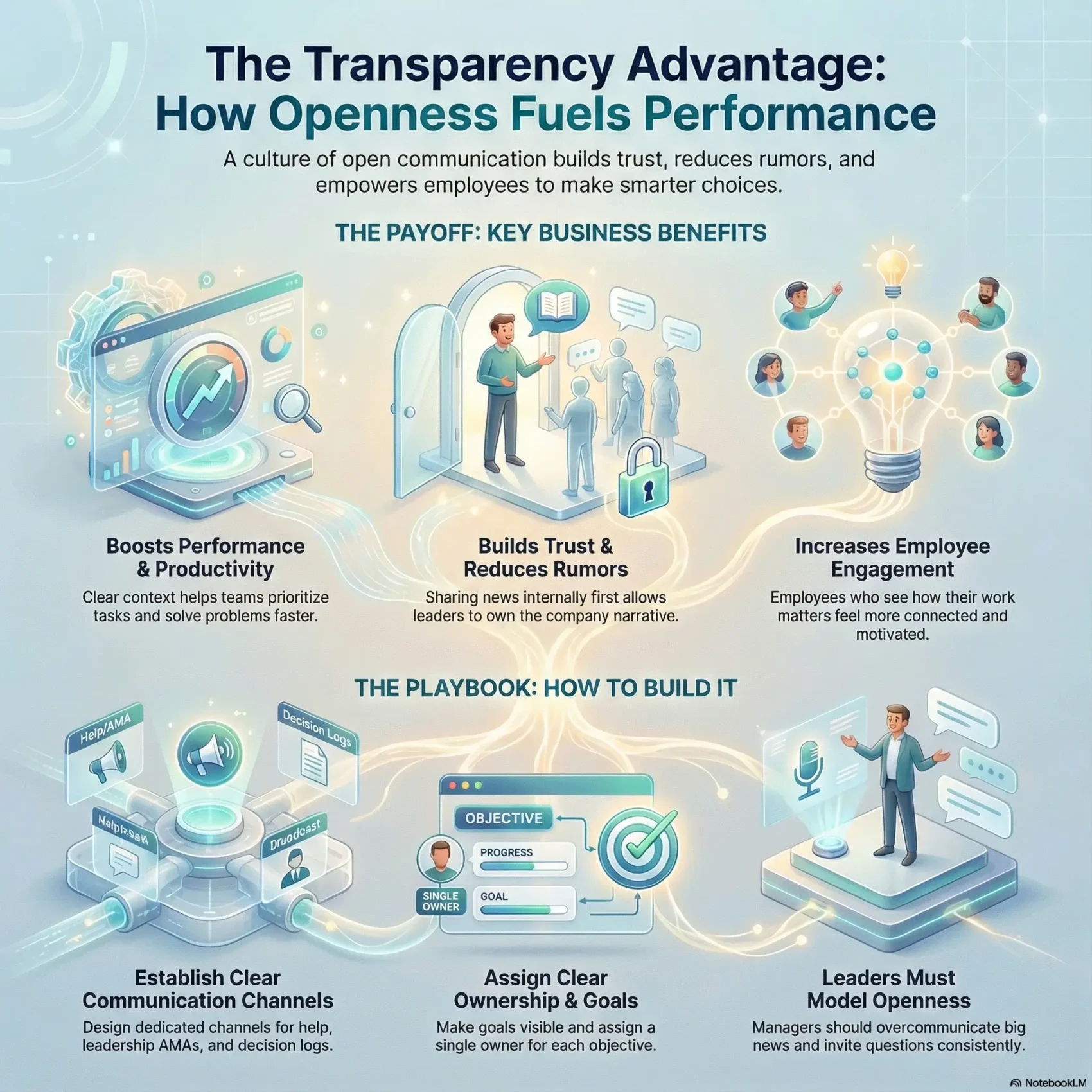 SmartKeys infographic: Transparency Culture framework showing how open communication and clear channels drive performance, build trust, and increase employee engagement.