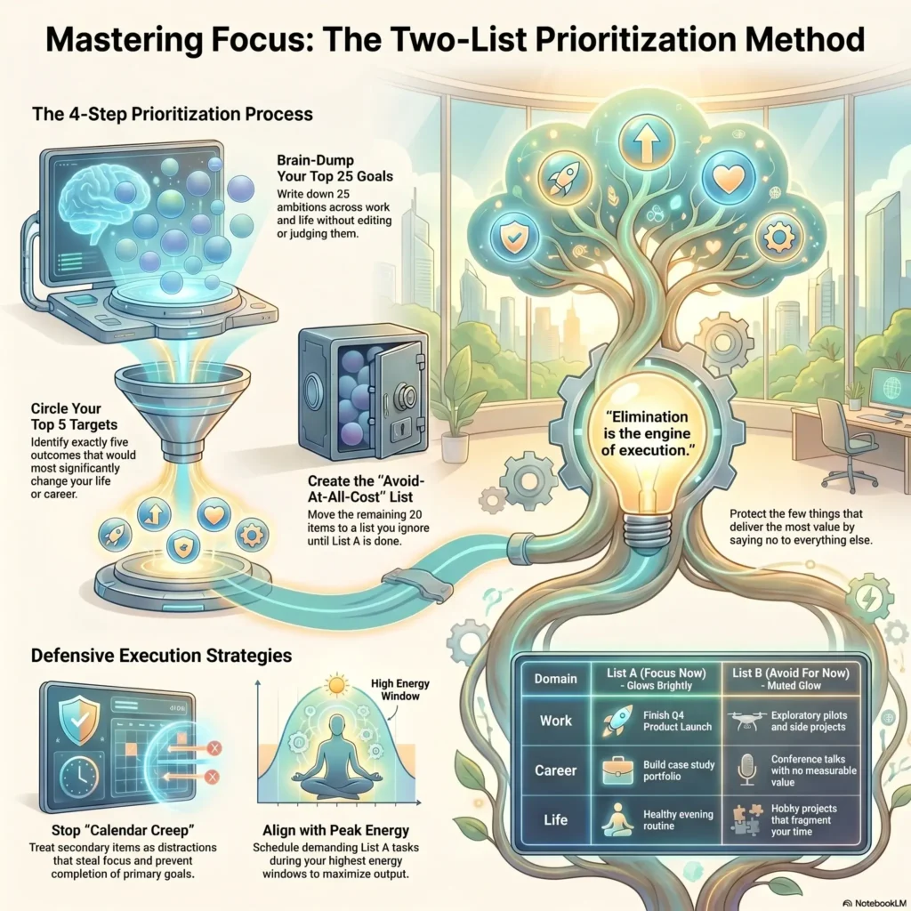 SmartKeys infographic illustrating the Two-List Prioritization method, a 4-step process to focus on top goals, build an avoid-at-all-cost list, and eliminate distractions.