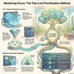 Two-List Prioritization: A Simple Method to Focus on What Matters SmartKeys infographic illustrating the Two-List Prioritization method, a 4-step process to focus on top goals, build an avoid-at-all-cost list, and eliminate distractions.