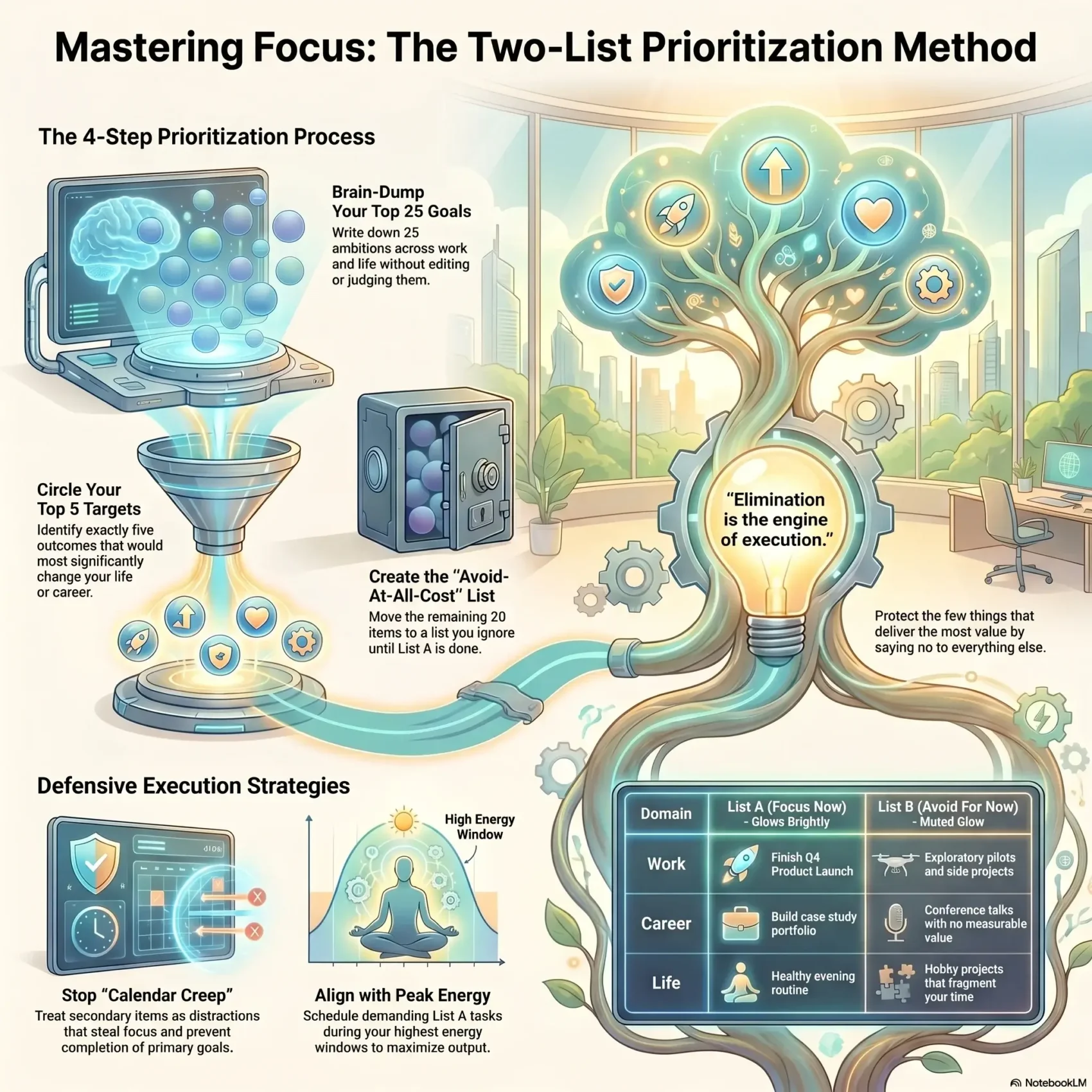 SmartKeys infographic illustrating the Two-List Prioritization method, a 4-step process to focus on top goals, build an avoid-at-all-cost list, and eliminate distractions.