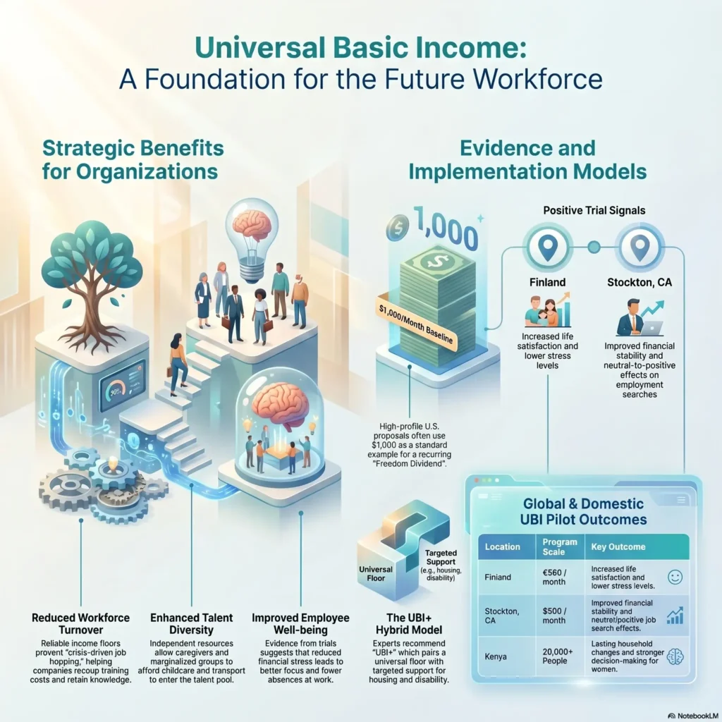 SmartKeys infographic exploring the impact of Universal Basic Income on the future workforce, detailing strategic organizational benefits like reduced turnover and highlighting evidence from global UBI pilot programs.