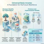 Universal Basic Income: Potential Impacts on the Future Workforce SmartKeys infographic exploring the impact of Universal Basic Income on the future workforce, detailing strategic organizational benefits like reduced turnover and highlighting evidence from global UBI pilot programs.