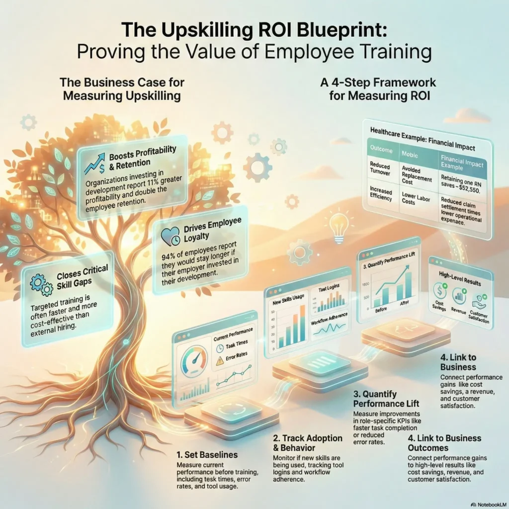 SmartKeys infographic titled "The Upskilling ROI Blueprint: Proving the Value of Employee Training." It features a 4-step framework for measuring ROI—from setting baselines to linking performance gains to business outcomes—alongside data on profitability and retention.