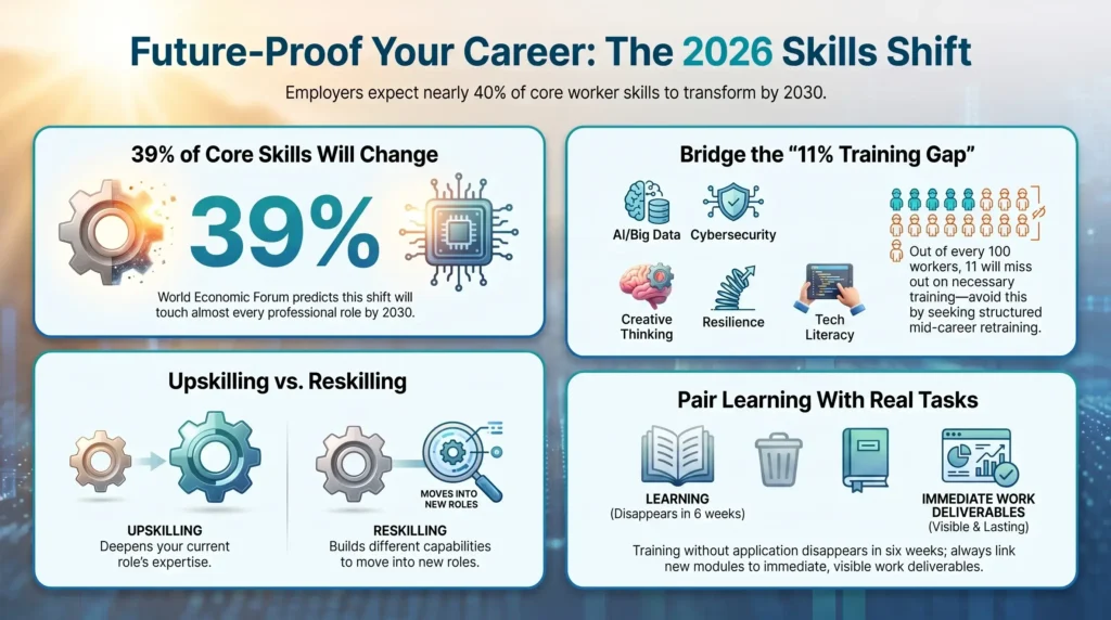 SmartKeys infographic breaking down future workplace skills, upskilling versus reskilling strategies, key competencies like AI and cybersecurity, and practical task-based learning.