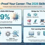 SmartKeys infographic breaking down future workplace skills, upskilling versus reskilling strategies, key competencies like AI and cybersecurity, and practical task-based learning.
