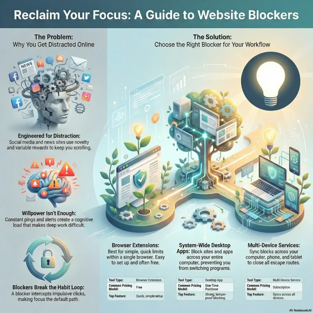 SmartKeys Infographic: Reclaim Your Focus – A guide to website blockers. The graphic explains the problem of online distractions and the "habit loop," and presents technical solutions ranging from browser extensions to system-wide desktop apps and multi-device services to ensure deep work.