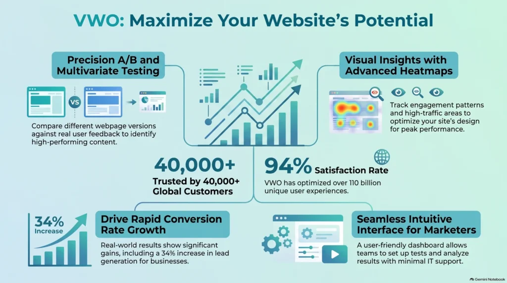 Infographic highlighting VWO conversion rate optimization features, including A/B and multivariate testing, advanced heatmaps, and marketer-friendly dashboards.