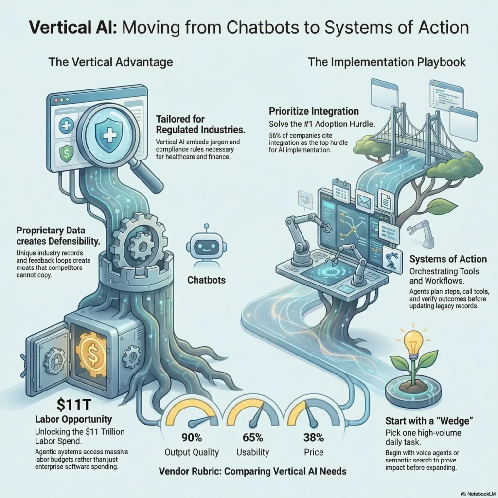SmartKeys infographic explaining Vertical AI solutions, detailing the transition from basic chatbots to industry-tailored systems of action for regulated sectors.