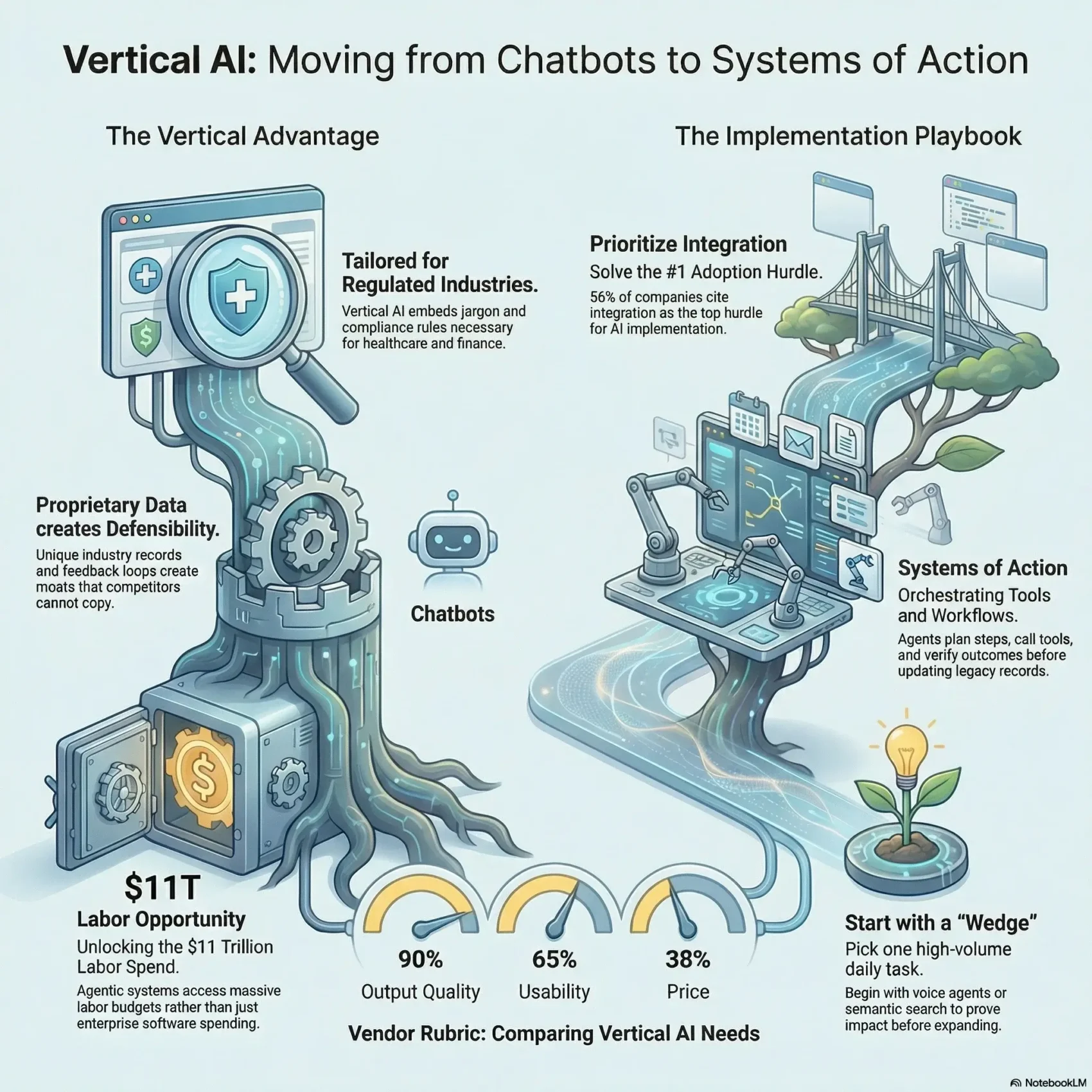 SmartKeys infographic explaining Vertical AI solutions, detailing the transition from basic chatbots to industry-tailored systems of action for regulated sectors.