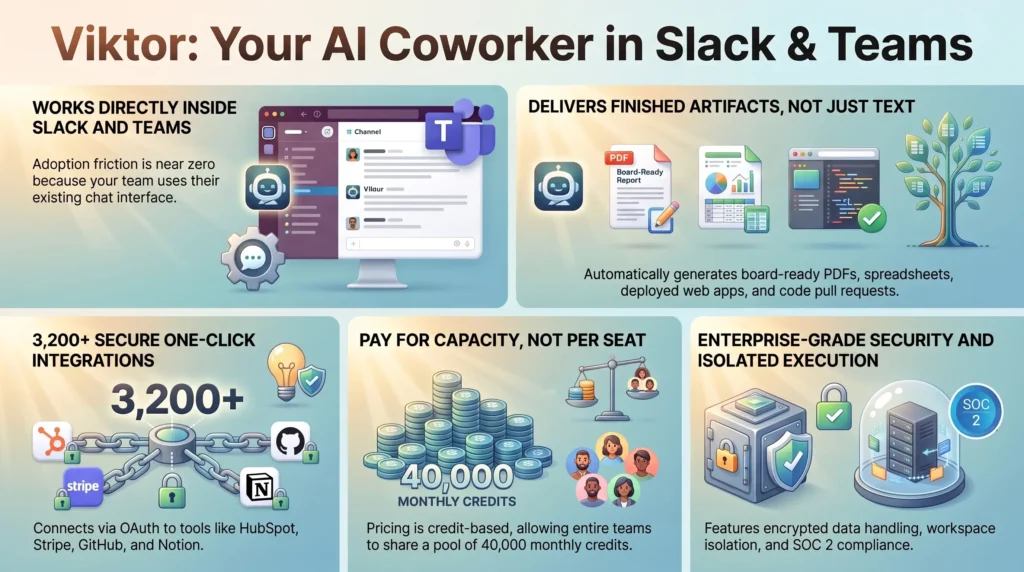 Infographic showcasing Viktor AI coworker in Slack and Teams for 2026, highlighting direct chat execution, finished document artifacts, 3,200+ integrations, and credit-based pricing by SmartKeys.