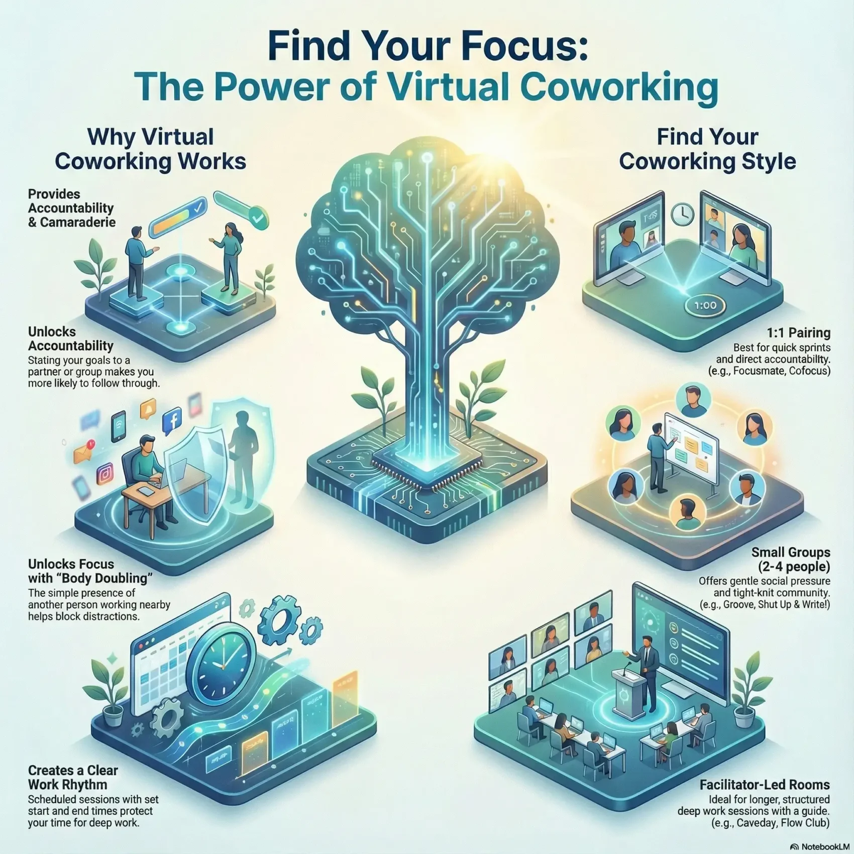 Infographic titled "The Power of Virtual Coworking" by SmartKeys, highlighting the benefits of body doubling, accountability, and different coworking styles like 1:1 pairing and facilitator-led rooms.