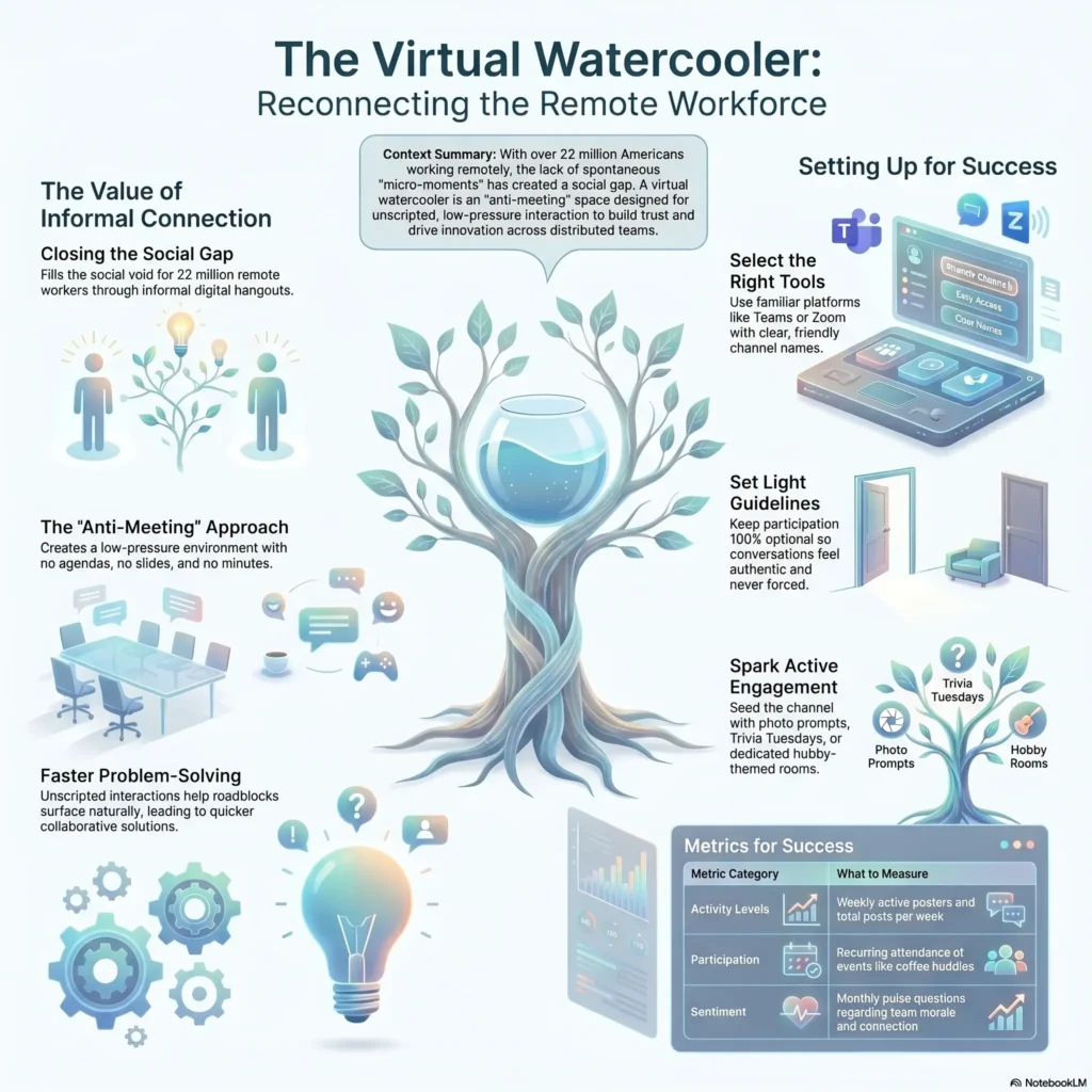 SmartKeys infographic about Virtual Watercooler Solutions, offering strategies to foster casual chats, spark engagement, and build connection in remote teams.
