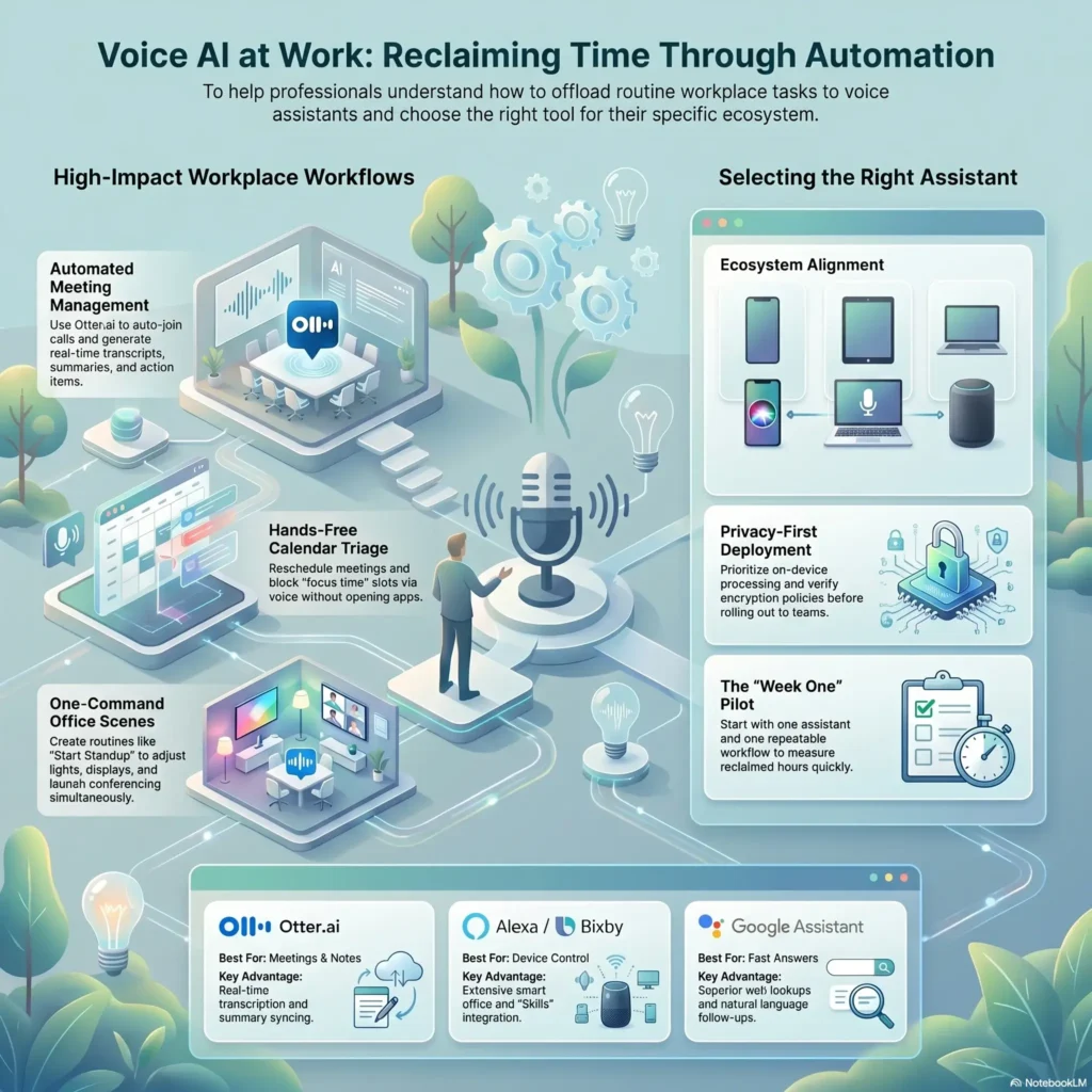 SmartKeys infographic on using voice AI assistants at work, illustrating high-impact workflows like automated meeting management and calendar triage, along with a guide to selecting the right tool for your ecosystem.