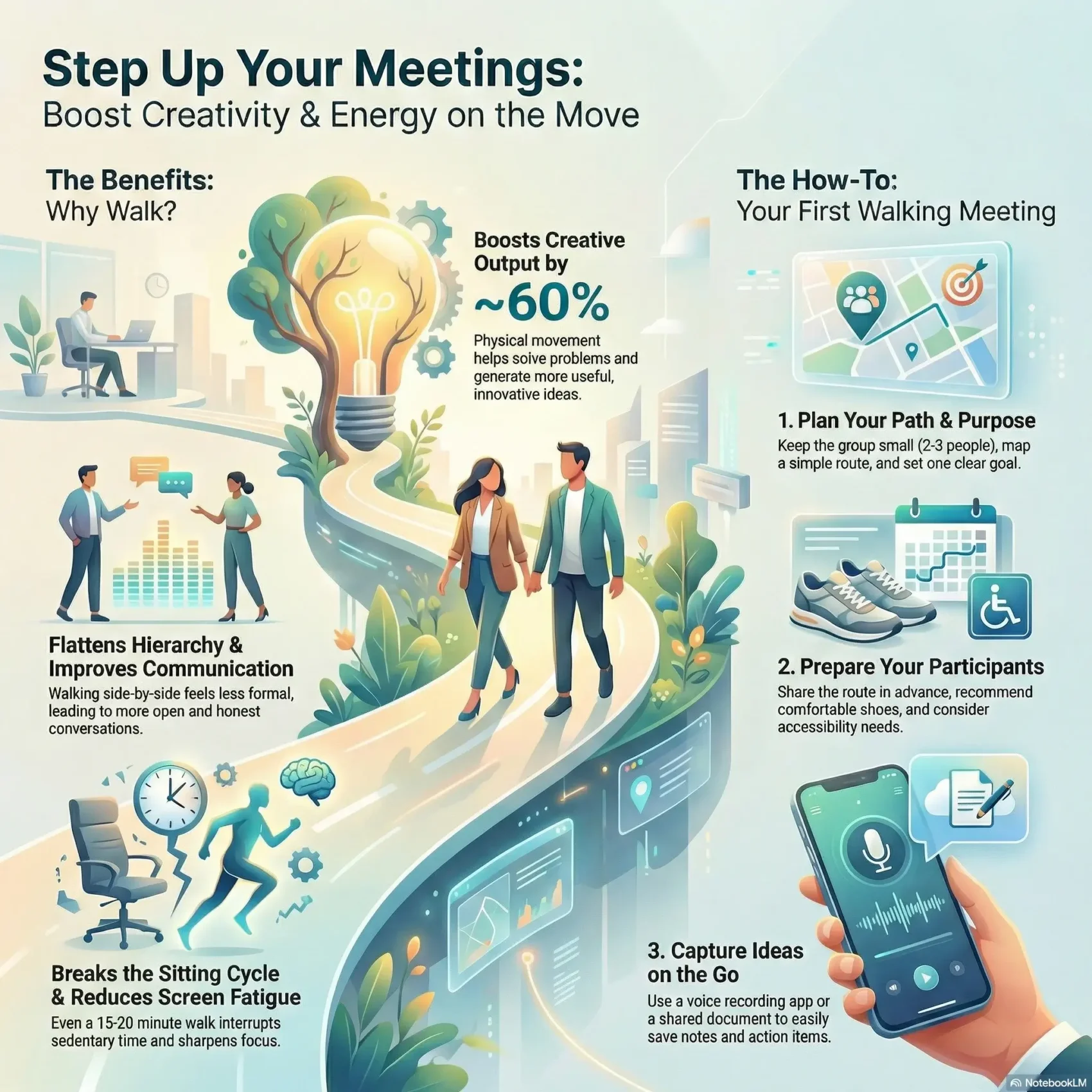 SmartKeys infographic titled "Step Up Your Meetings: Boost Creativity & Energy on the Move." It details the benefits of walking meetings, such as a 60% increase in creative output, and offers a guide on planning the path, preparing participants, and capturing ideas using mobile apps to reduce screen fatigue.
