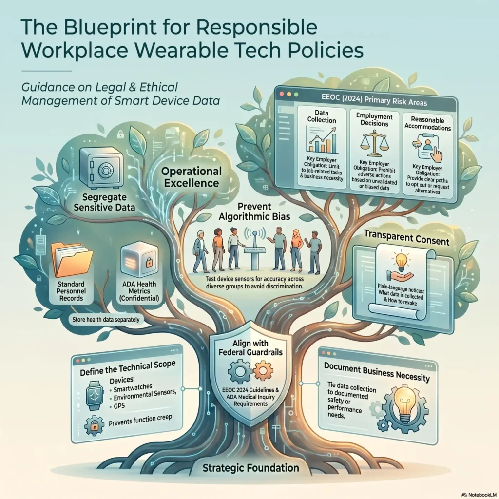SmartKeys infographic outlining a blueprint for a responsible workplace Wearable Tech Policy, managing employee fitness data, legal compliance, and transparent consent.