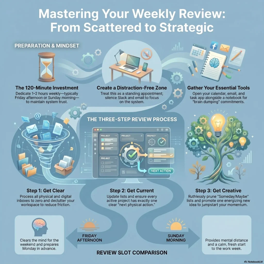 SmartKeys infographic detailing a Weekly Review Template, showing the 3-step process to get clear, get current, and plan the week ahead effectively.