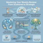SmartKeys infographic detailing a Weekly Review Template, showing the 3-step process to get clear, get current, and plan the week ahead effectively.