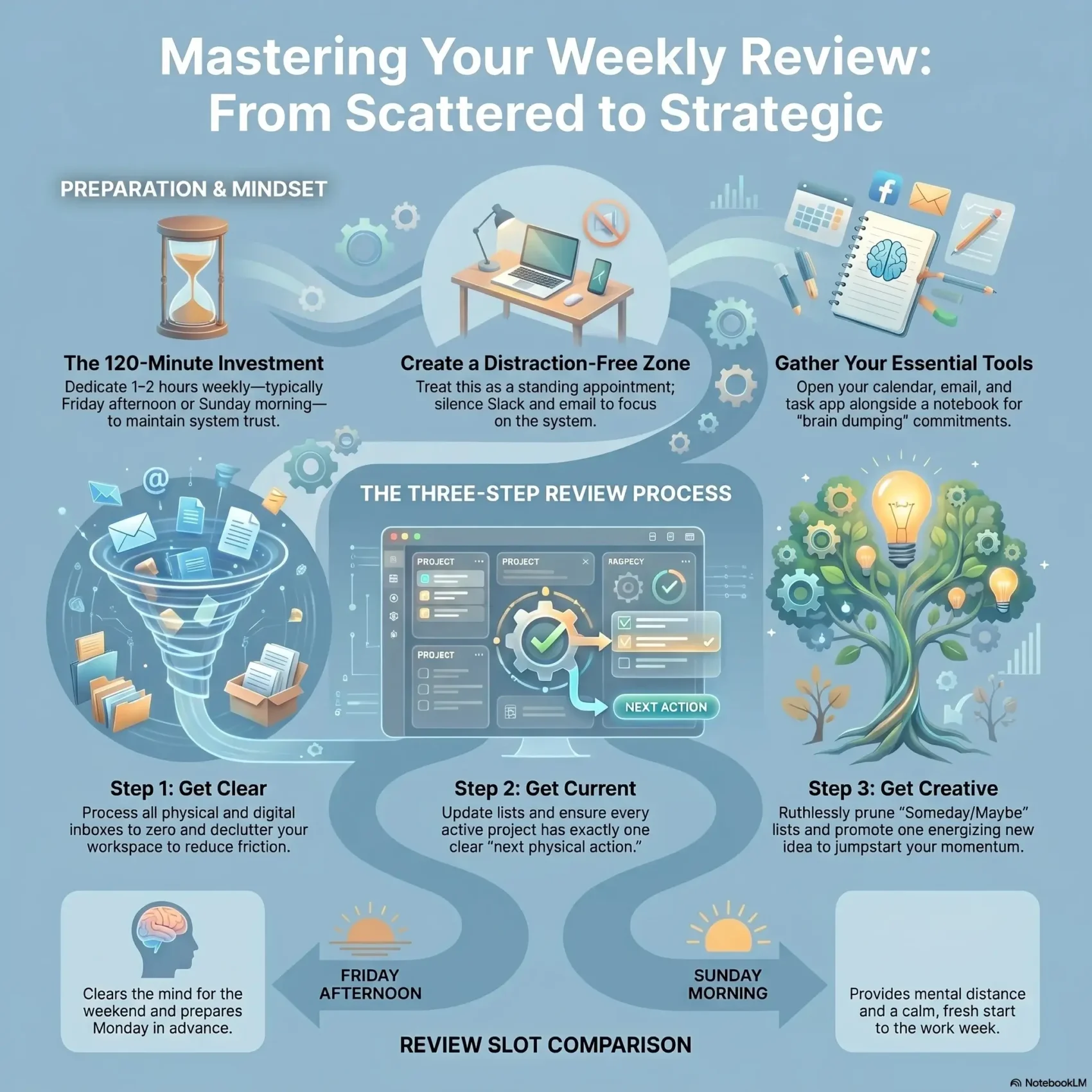 SmartKeys infographic detailing a Weekly Review Template, showing the 3-step process to get clear, get current, and plan the week ahead effectively.
