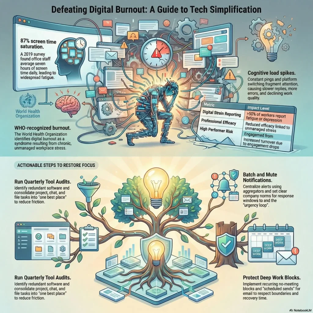 SmartKeys infographic on defeating digital burnout, providing a guide to tech simplification and actionable steps to reduce employee fatigue and restore focus.