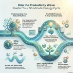 Work with Ultradian Rhythms: Maximize Productivity in 90-Minute Cycles SmartKeys infographic: Maximizing Productivity with Ultradian Rhythms. Explains the 90/20 protocol for energy management, showing how to perform a 90-minute focus block followed by a 20-minute recovery break to boost job satisfaction and avoid pseudo-breaks like social media scrolling.