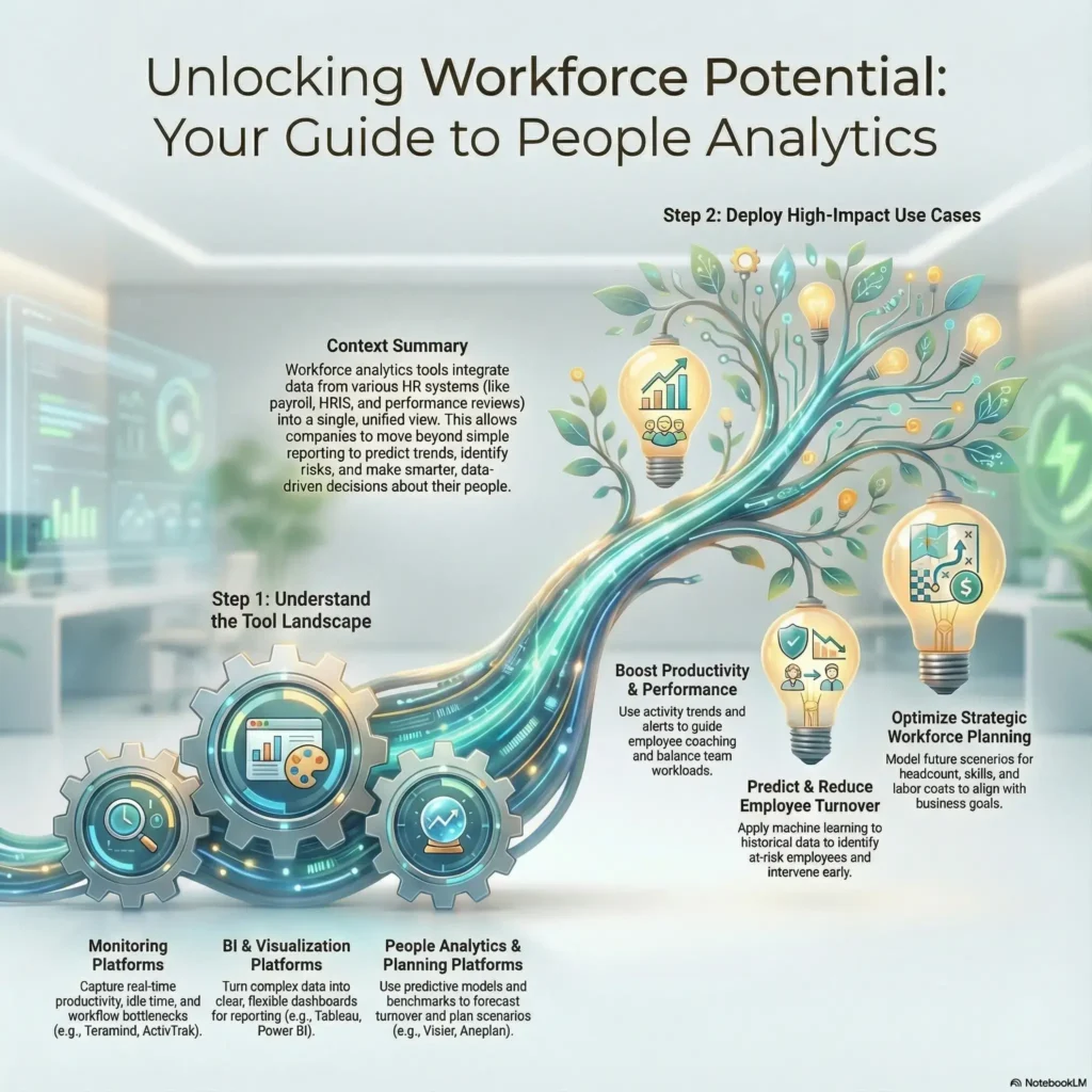 SmartKeys infographic on workforce analytics tools, depicting how HR can utilize people analytics to predict turnover, boost productivity, and optimize strategic planning.