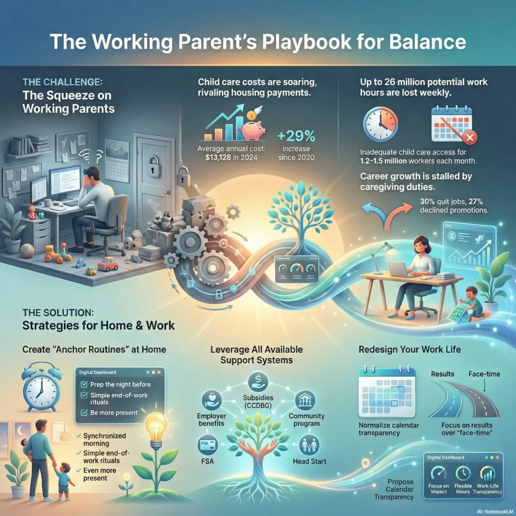 SmartKeys infographic titled "The Working Parent’s Playbook for Balance." It highlights the challenge of rising childcare costs and provides productivity strategies for home and work, such as creating anchor routines, leveraging employer benefits and subsidies, and redesigning work life with flexible hours and results-based focus.