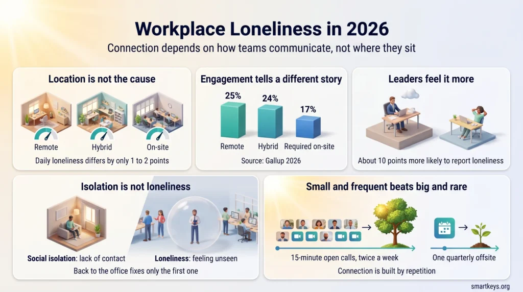 Infographic on workplace loneliness in 2026: daily loneliness is nearly identical for remote, hybrid and on-site workers, engagement is 25% remote, 24% hybrid and 17% for required on-site staff, leaders report loneliness about 10 points more often, social isolation differs from feeling unseen, and frequent 15-minute calls beat quarterly offsites.
