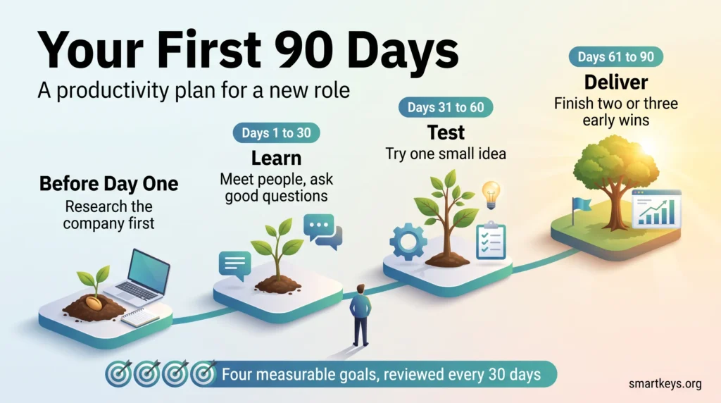 Infographic of a first 90 days plan for a new role: prepare before day one, then learn, test and deliver in three 30 day stages.