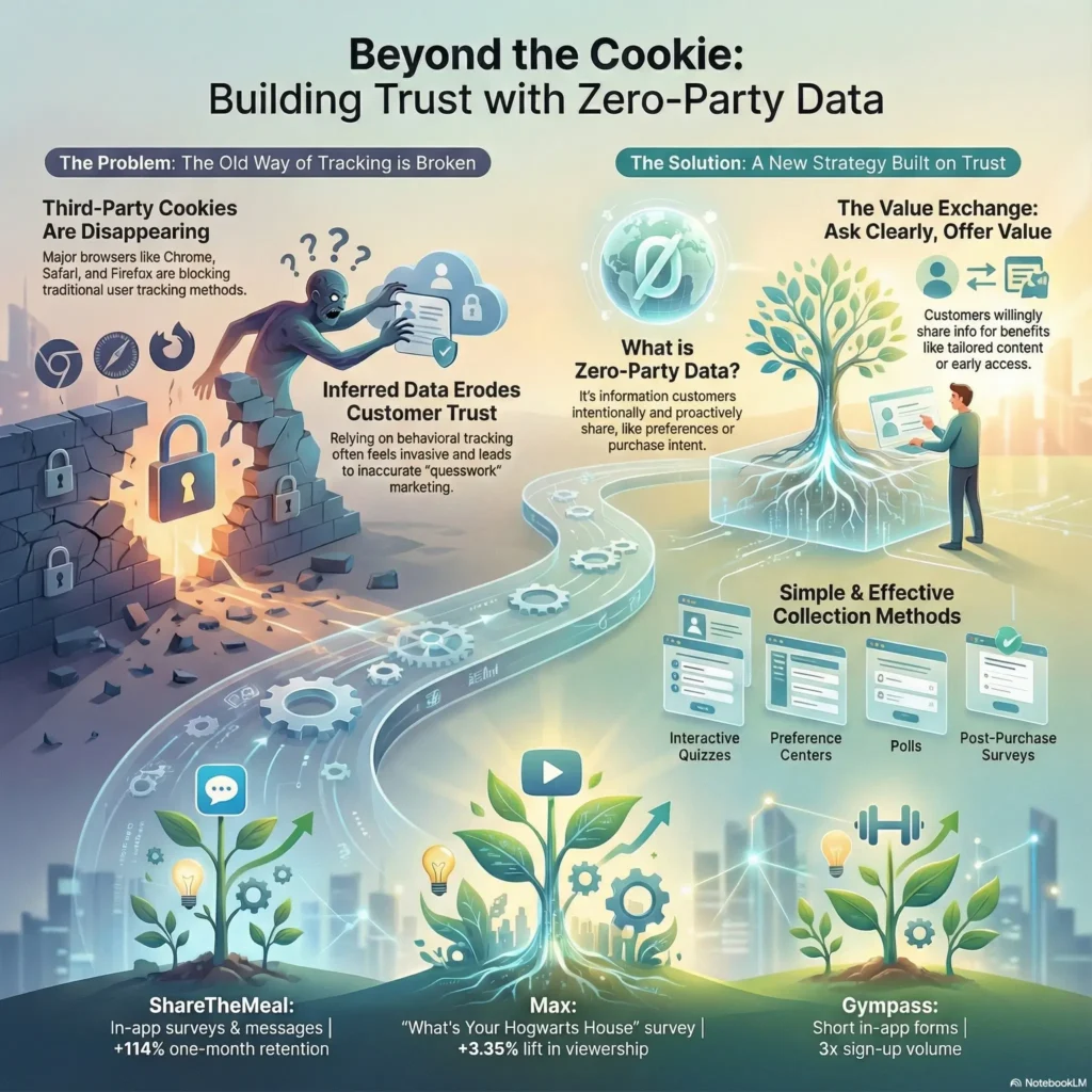 SmartKeys infographic on the shift to zero-party data, showing how to build customer trust and collect proactive insights through value exchange as third-party cookies disappear.