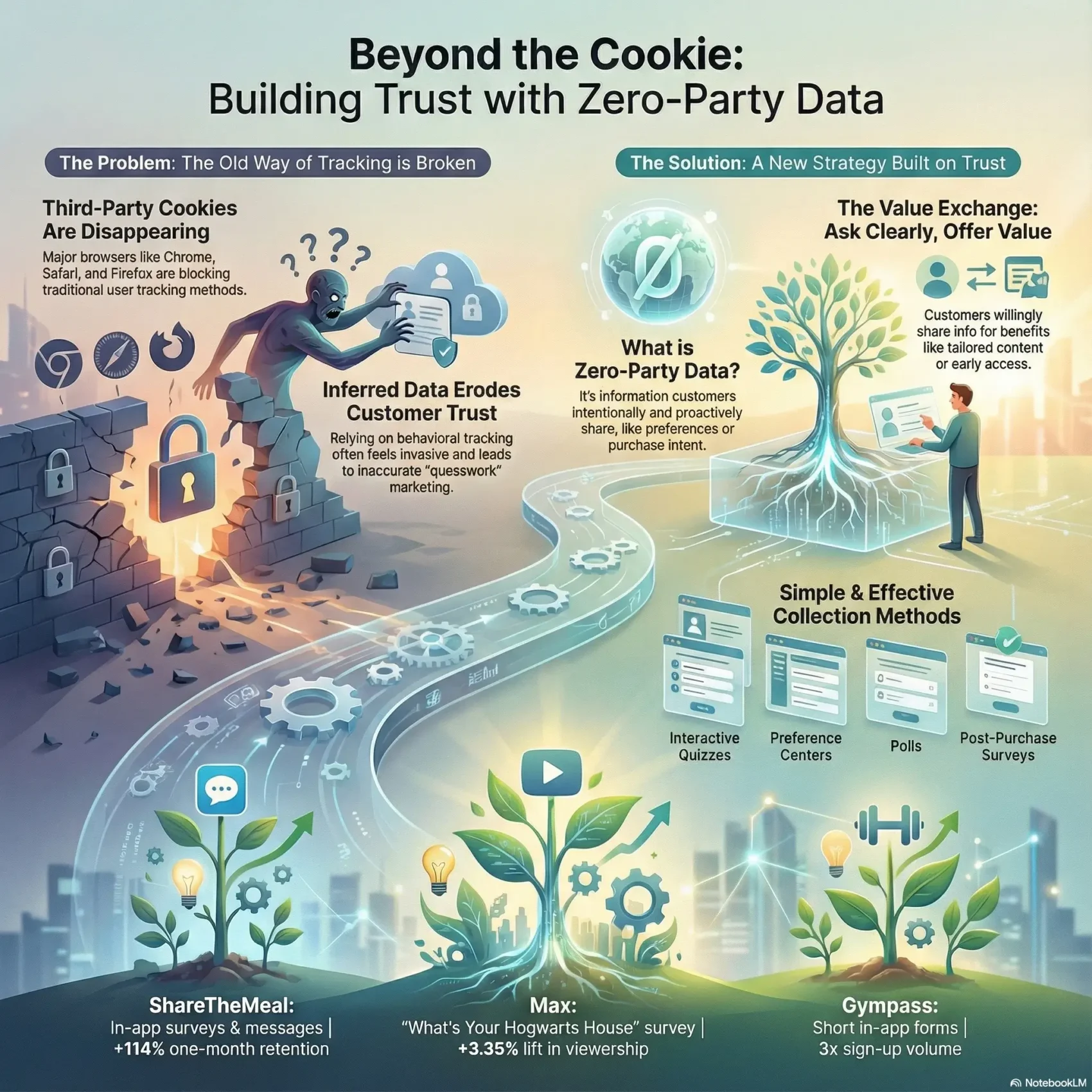 SmartKeys infographic on the shift to zero-party data, showing how to build customer trust and collect proactive insights through value exchange as third-party cookies disappear.