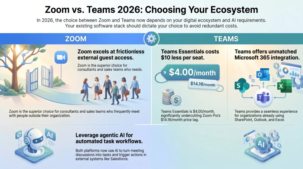 Infographic comparing Zoom and Microsoft Teams in 2026, analyzing pricing differences, guest access capabilities, Microsoft 365 integration, and agentic AI features.
