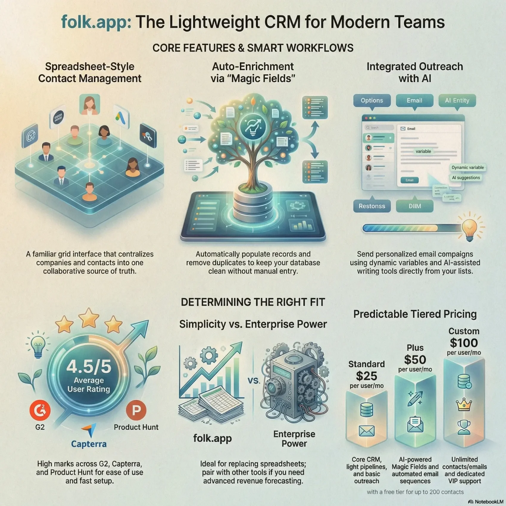 SmartKeys infographic for folk.app review highlighting its lightweight CRM features, spreadsheet-style contact management, AI-powered outreach, and pricing tiers for modern teams.