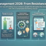 Change Management Strategy 2026: Guiding Teams Through Transformation Change management infographic: 32% of leaders reach healthy adoption while 53% of employees feel overwhelmed by change