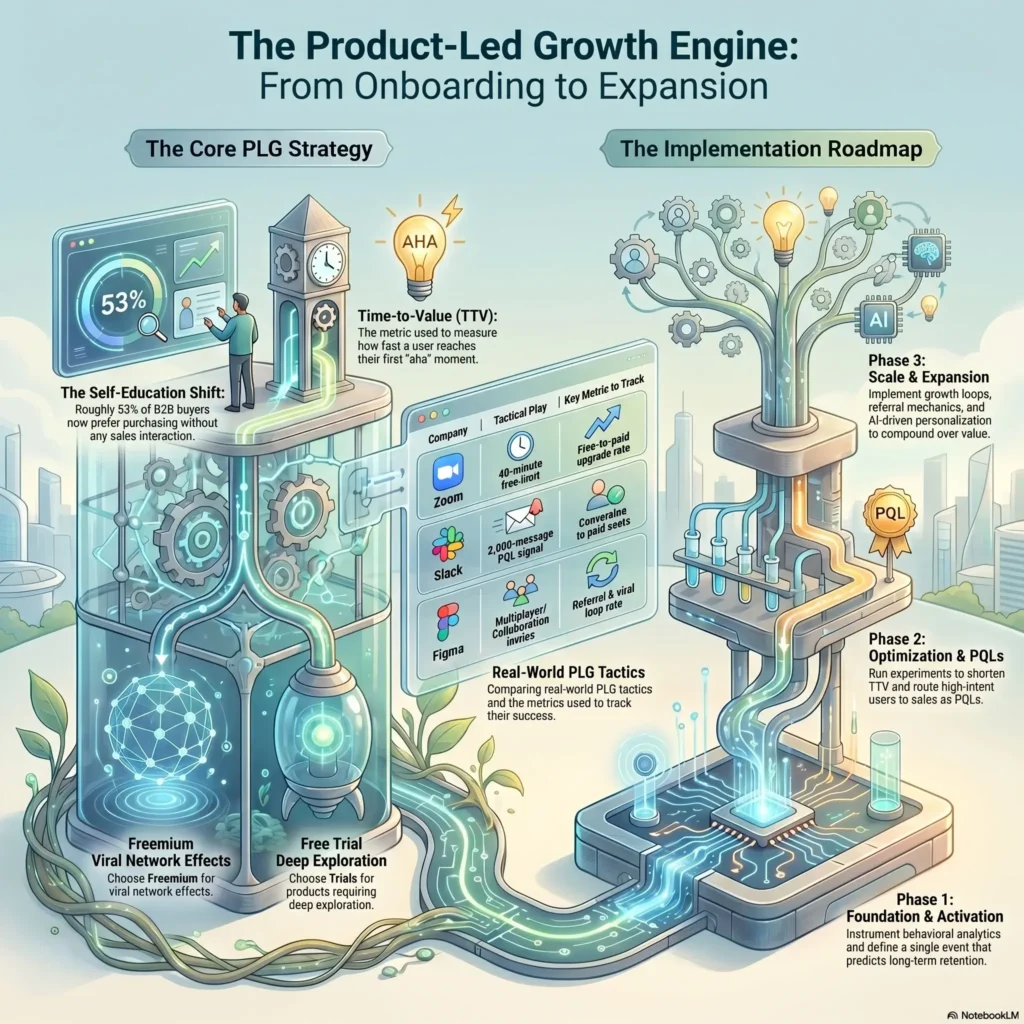 SmartKeys Product-Led Growth playbook infographic mapping the PLG engine from onboarding to expansion, featuring Time-to-Value metrics, real-world freemium tactics, and a three-phase implementation roadmap.