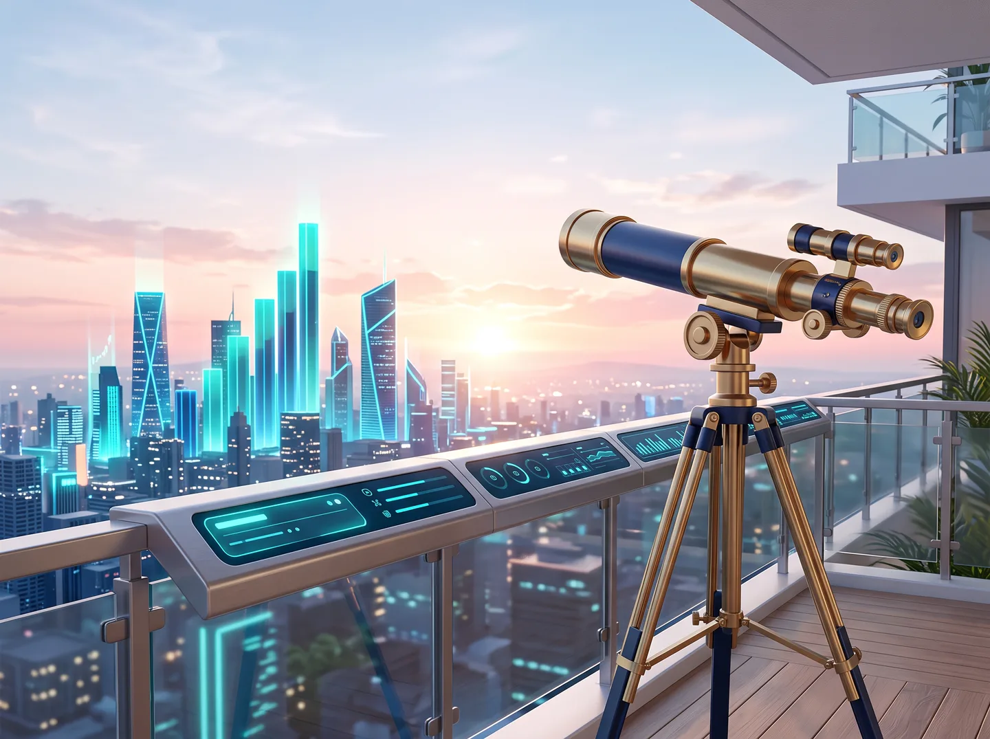 Brass telescope on a modern balcony overlooking a city skyline where skyscrapers rise like glowing bar charts at sunrise