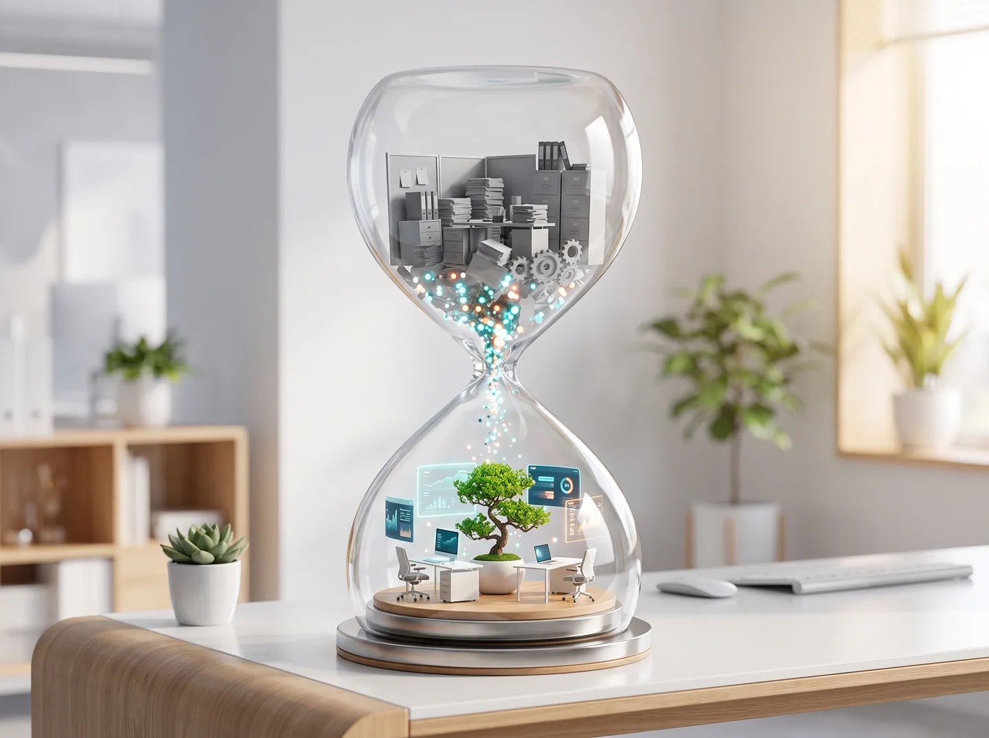 Hourglass transforming a gray cluttered office with paper stacks into a bright modern workspace with a growing tree and digital screens