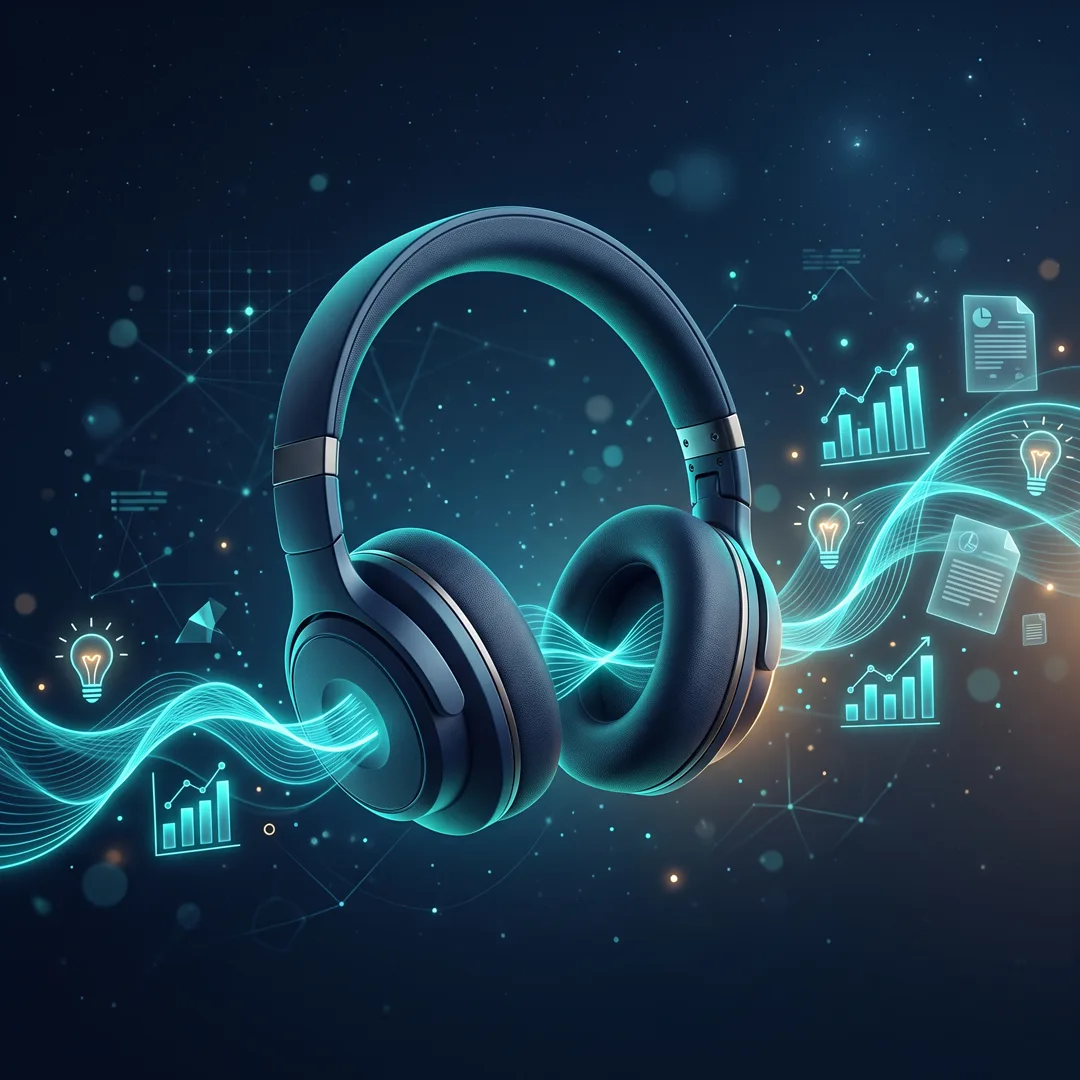 Navy wireless headphones with teal sound waves transforming into charts, documents and lightbulb ideas