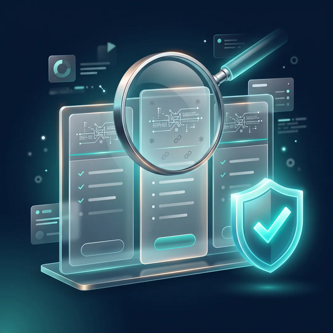 Magnifying glass revealing hidden asterisks and fine print in translucent SaaS pricing tables, with a glowing verification shield