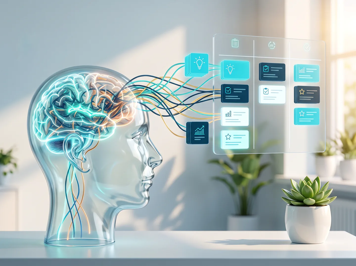Glass head with glowing brain sending tangled thought threads into an organized kanban board with sorted task cards